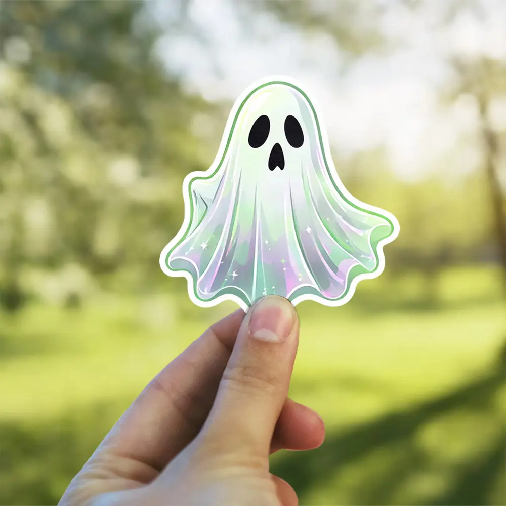 Iridescent pastel ghost, sparkling highlights, cute spooky aesthetic, kiss-cut vinyl sticker.