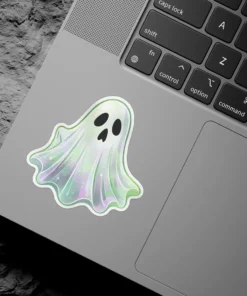 Iridescent pastel ghost, shimmering holographic finish, sparkling stardust details, black eye sockets, vinyl sticker