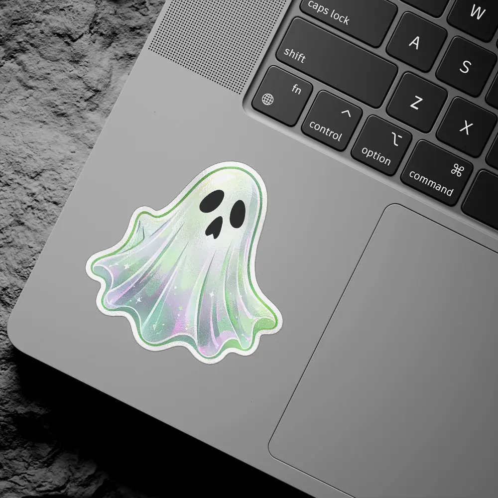 Iridescent pastel ghost, shimmering holographic finish, sparkling stardust details, black eye sockets, vinyl sticker