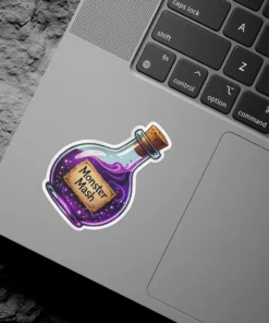 Glass bottle, swirling purple liquid, cork stopper, vintage parchment label, Monster Mash vinyl sticker.