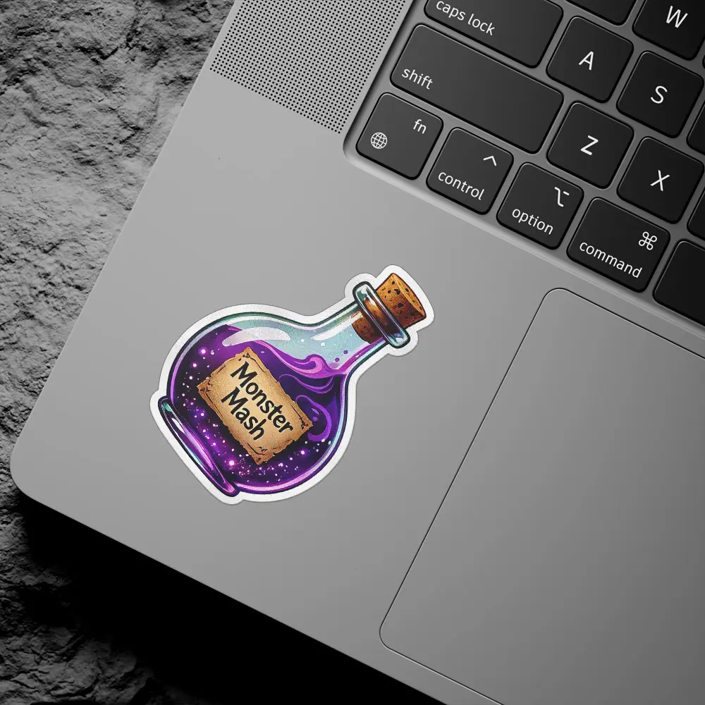 Glass bottle, swirling purple liquid, cork stopper, vintage parchment label, Monster Mash vinyl sticker.