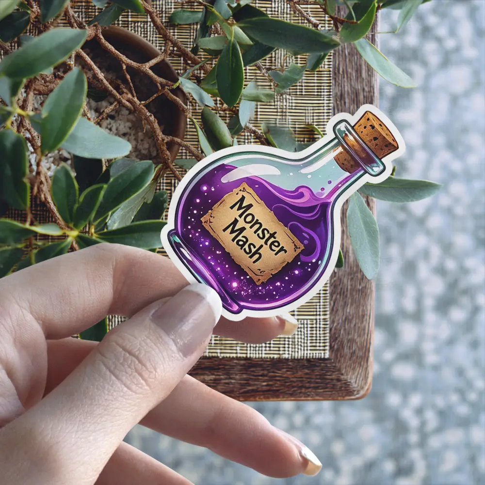 Purple glowing potion bottle, cork stopper, Monster Mash parchment label, magical elixir, vinyl sticker.