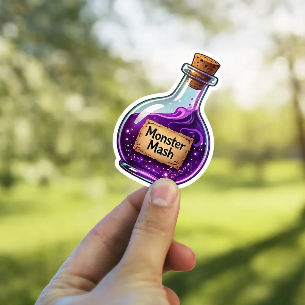 Purple glowing potion bottle, cork stopper, Monster Mash parchment label, magical elixir vinyl sticker.