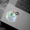 Pastel galaxy ghost, colorful party hat, speech bubble saying Boo, confetti, vinyl sticker.