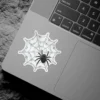 Intricate black spider, dew-covered cobweb design, realistic illustration, circular pattern, botanical gothic, vinyl sticker
