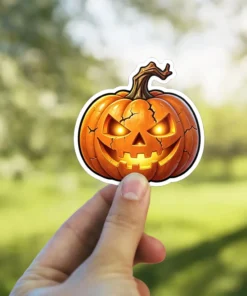 Orange jack-o'-lantern, evil glowing eyes, grinning mouth, cracked pumpkin skin, twisted brown stem, black outline, white border, vinyl sticker.