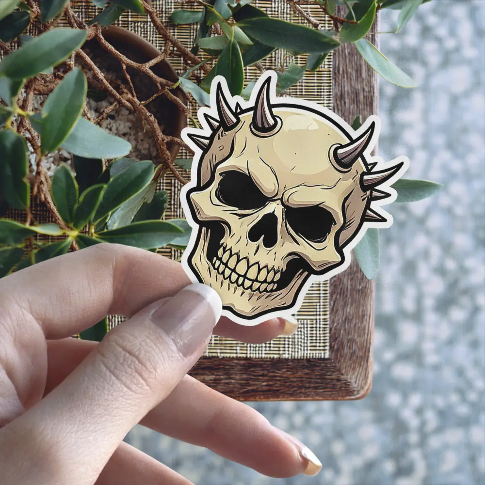 Tan skull, dark horns, black recessed eye sockets, bold line art, vinyl sticker.