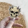 Cream colored skull, dark metallic spikes, ominous expression, illustrative art style, vinyl sticker