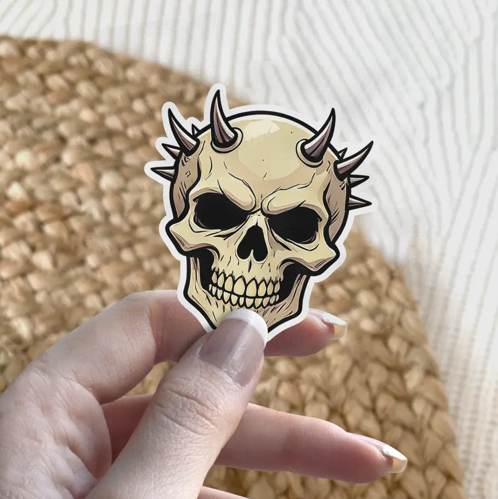 Cream colored skull, dark metallic spikes, ominous expression, illustrative art style, vinyl sticker