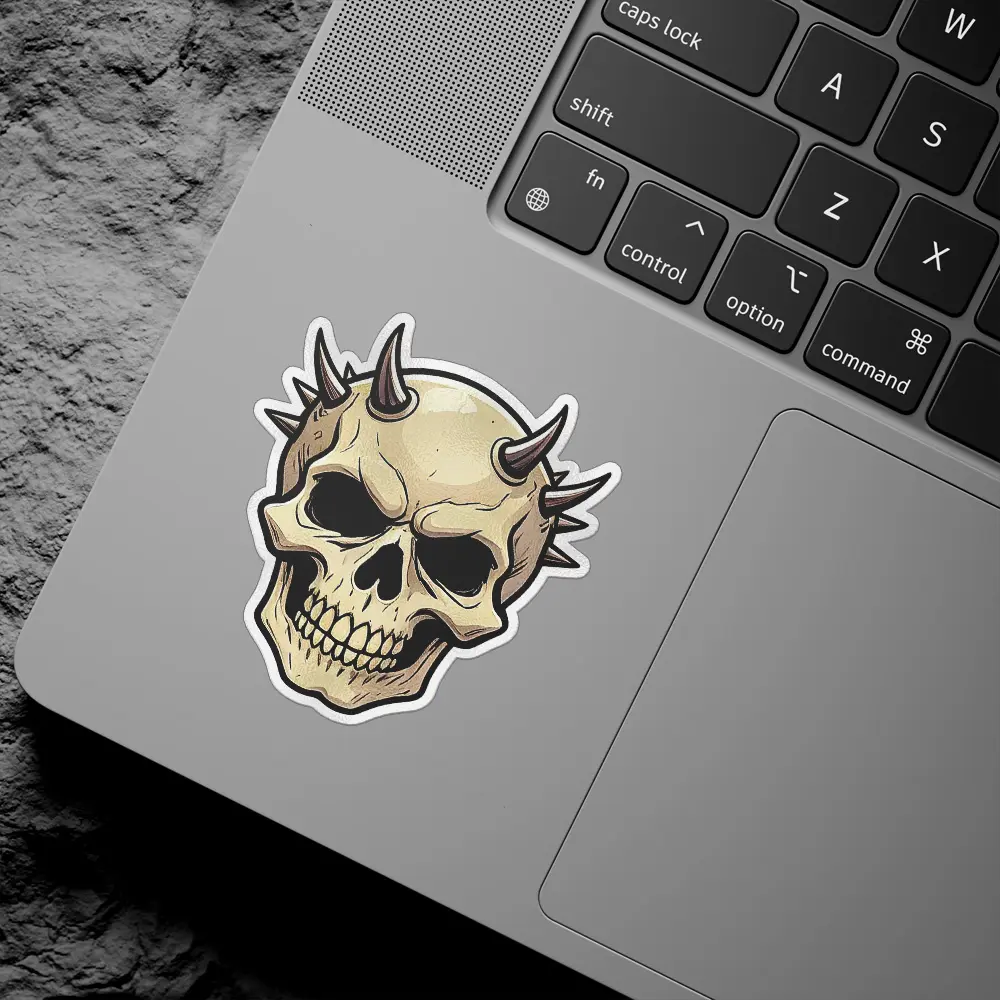 Illustration of human skull with metallic spikes protruding, dark aesthetic, gothic style vinyl sticker.