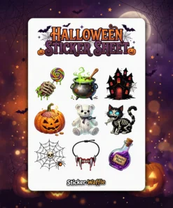 Zombie hand lollipop, bubbling cauldron, haunted house, brain pumpkin, stitched teddy bear, skeleton cat, spiderweb, vampire fangs, monster mash potion decal.