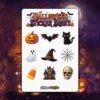 Halloween themed sticker sheet, jack-o'-lantern, bat, black cat, ghost, witch hat, spiderweb, candy corn, haunted house, skull vinyl sticker.