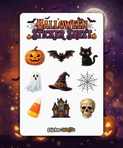 Halloween themed sticker sheet, jack-o'-lantern, bat, black cat, ghost, witch hat, spiderweb, candy corn, haunted house, skull vinyl sticker.