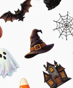 Assorted Halloween icons, including flying bat, spooky ghost, witch hat, spiderweb, haunted house, vinyl sticker sheet.