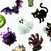 A collection of Halloween icons including a bat, ghost, black cat, cauldron, haunted house, and monster claw, vinyl sticker.