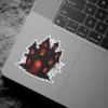 Dark Victorian mansion, glowing red windows, intricate spider webs, gothic architectural style, vinyl sticker