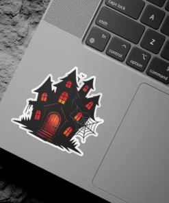 Dark Victorian mansion, glowing red windows, intricate spider webs, gothic architectural style, vinyl sticker