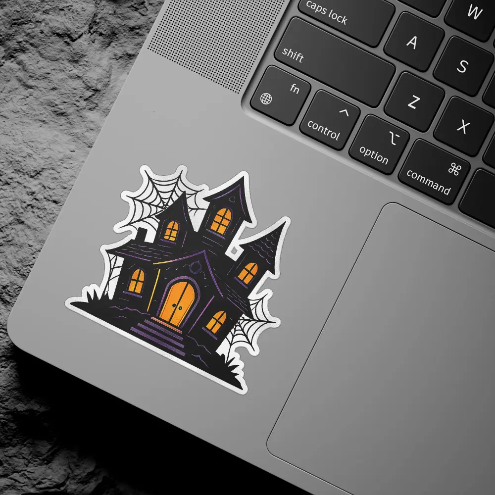 Spooky haunted mansion, glowing orange windows, intricate cobwebs, purple highlights, dark gothic aesthetic, vinyl sticker