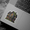 Gothic haunted mansion, stone texture, moss accents, glowing warm windows, spooky architectural design, vinyl sticker