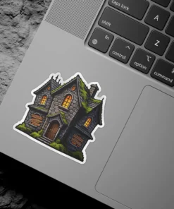 Gothic haunted mansion, stone texture, moss accents, glowing warm windows, spooky architectural design, vinyl sticker