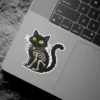 Black cat, glowing green eyes, spiderweb collar, visible skeleton ribcage, artistic spooky vinyl sticker.