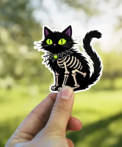Black cat, skeleton ribs, spiderweb collar, vibrant green eyes, gothic Halloween illustration, vinyl sticker