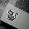 Black cat wearing skeleton costume, bright blue eyes, holding fish bone, illustration, vinyl sticker.