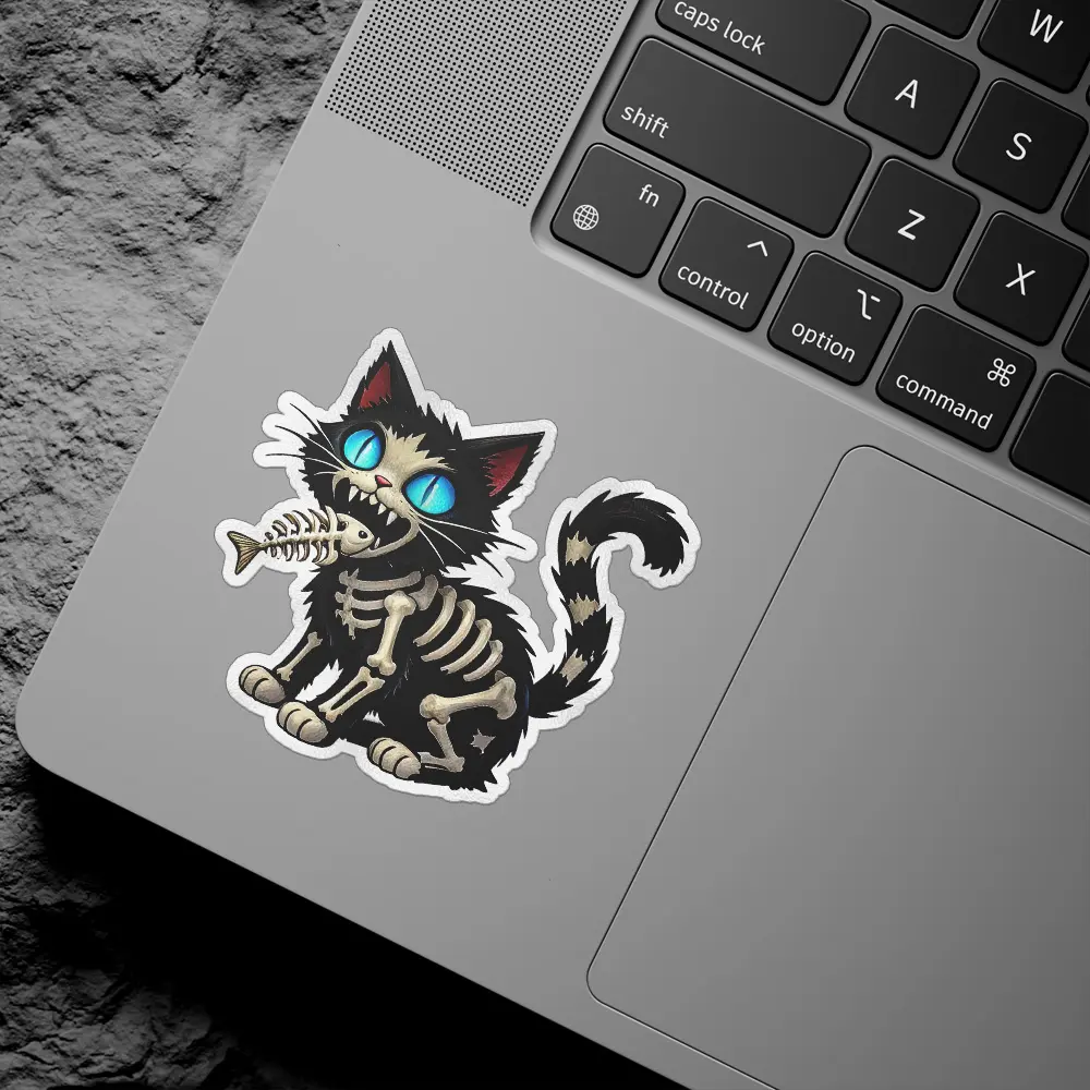Black cat wearing skeleton costume, bright blue eyes, holding fish bone, illustration, vinyl sticker.