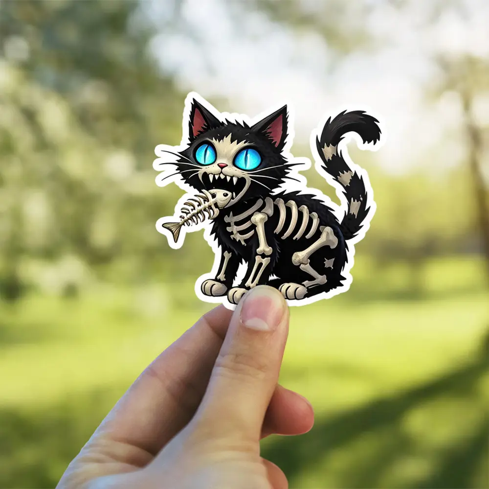 Black cat wearing skeleton costume, glowing blue eyes, fish bone, cartoon art, vinyl sticker
