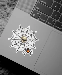 Intricate spider web, dew drops, centered human skull, crawling spider, dark gothic art, vinyl sticker