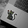 Sitting black cat, raised paw, glowing neon green eyes, stylized illustration, vinyl sticker.